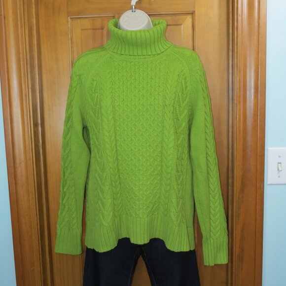 Alison Sheri Chartreuse Turtleneck Cotton Blend Chunky Cable Knit Size Small - Picture 7 of 10
